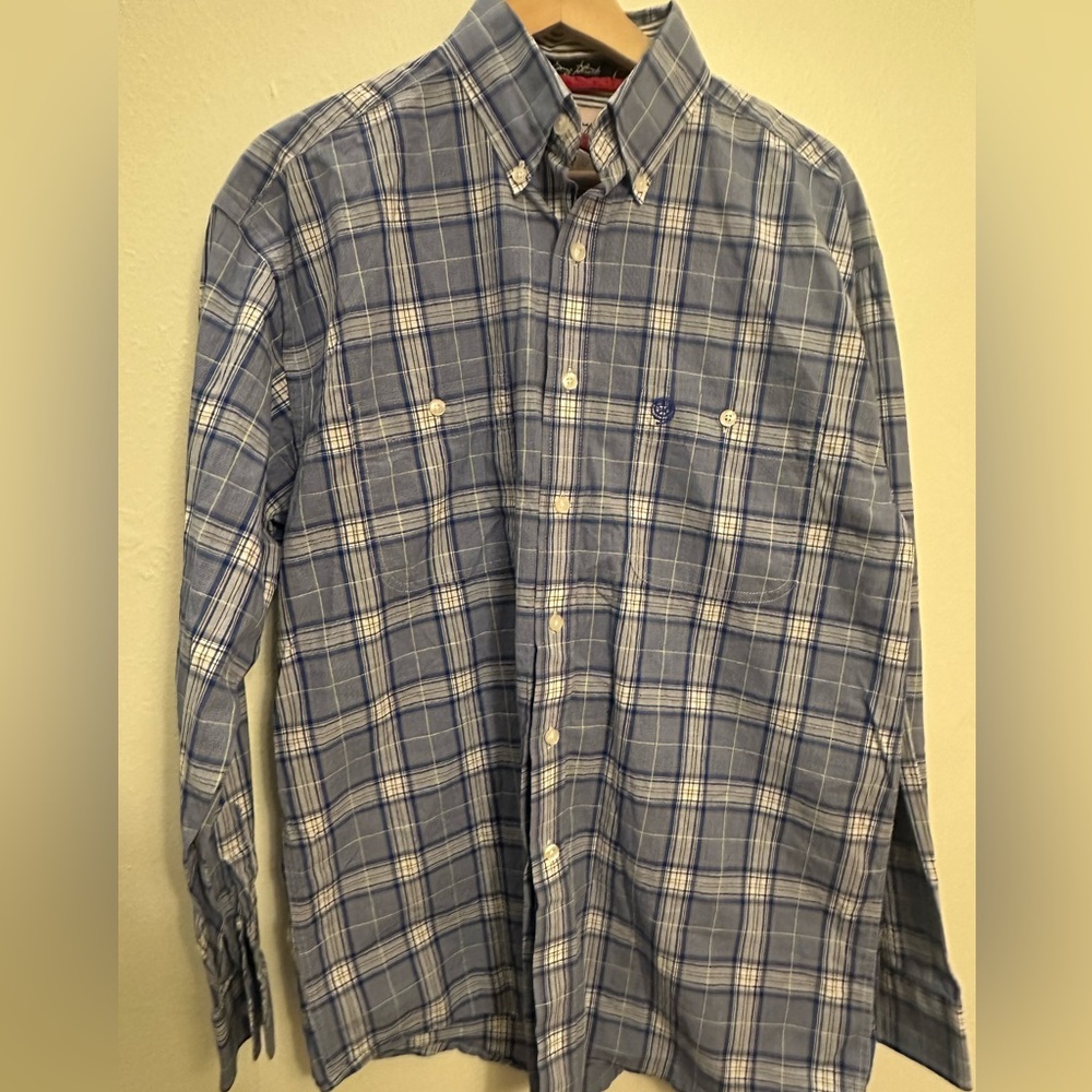 George Straight Wrangler Men's Blue and White Plaid Shirt size M‎